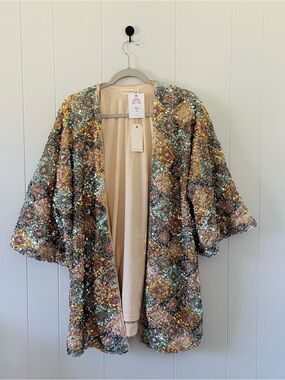 By Together Multicolor Sequin Patchwork Kimono Jacket - Gold, Pink, Blue, Green